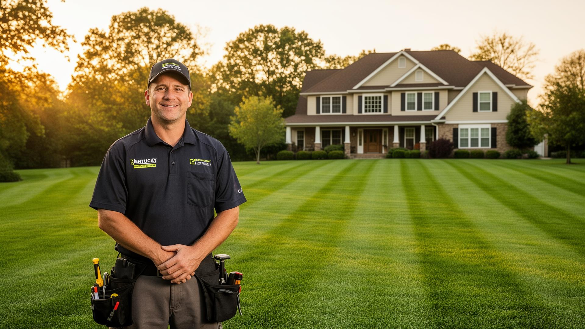 Professional lawn care technician in front of a beautifully striped Kentucky lawn at golden hour